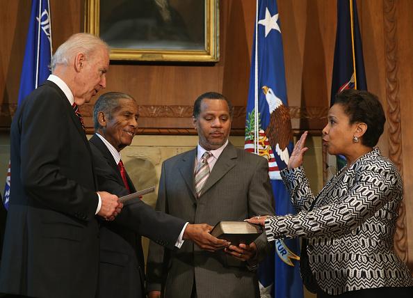 slatest's tweet image. Loretta Lynch sworn in as attorney general on Bible held by her 83-year-old father: slate.com/blogs/the_slat…