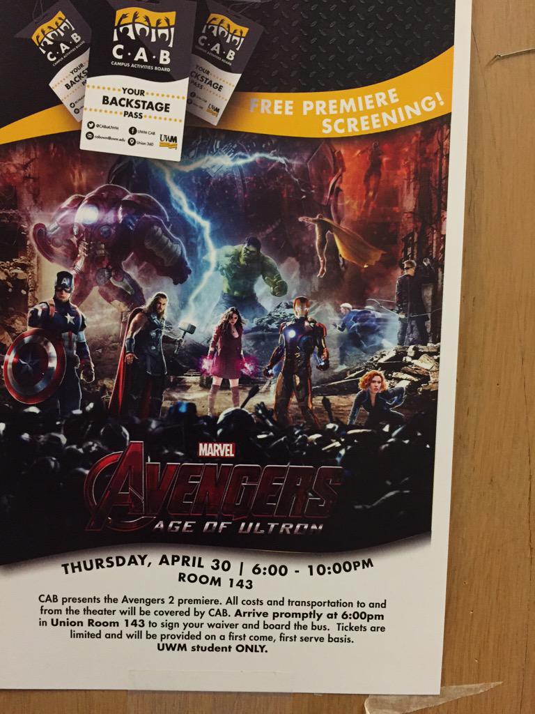 UWMScoop's tweet photo. CAB is sponsoring a FREE trip to see @Avengers Age Of Ultron for UWM Students Only. Arrive 6pm Union 143. http://t.co/NBQ1CzMKTa