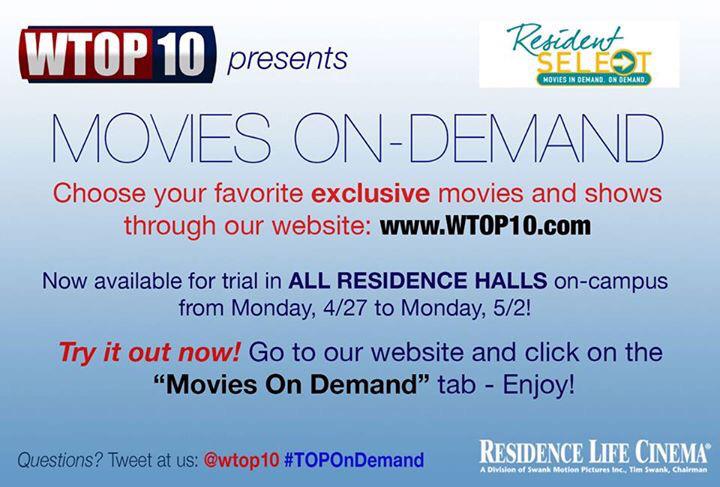 wtop10's tweet photo. ATTN ON-CAMPUS RESIDENTS: Exclusive movies & TV shows are available this week on http://t.co/goLUBL2Lg4! #TOPOnDemand http://t.co/FopZ1IPSQX