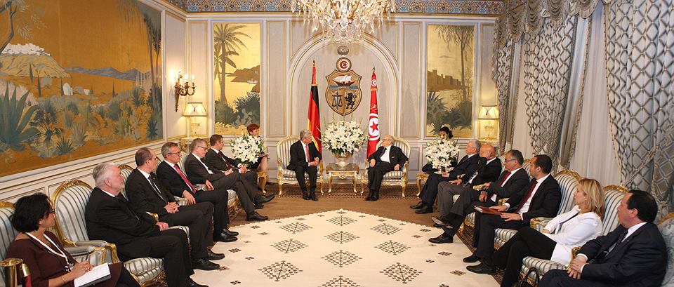 TnPresidency's tweet photo. رئيس الجمهورية يتحادث مع ضيفه الرئيس الألماني بقصر قرطاج
#TnPR #BCE #Tunisia #Germany http://t.co/hCcVul3c38