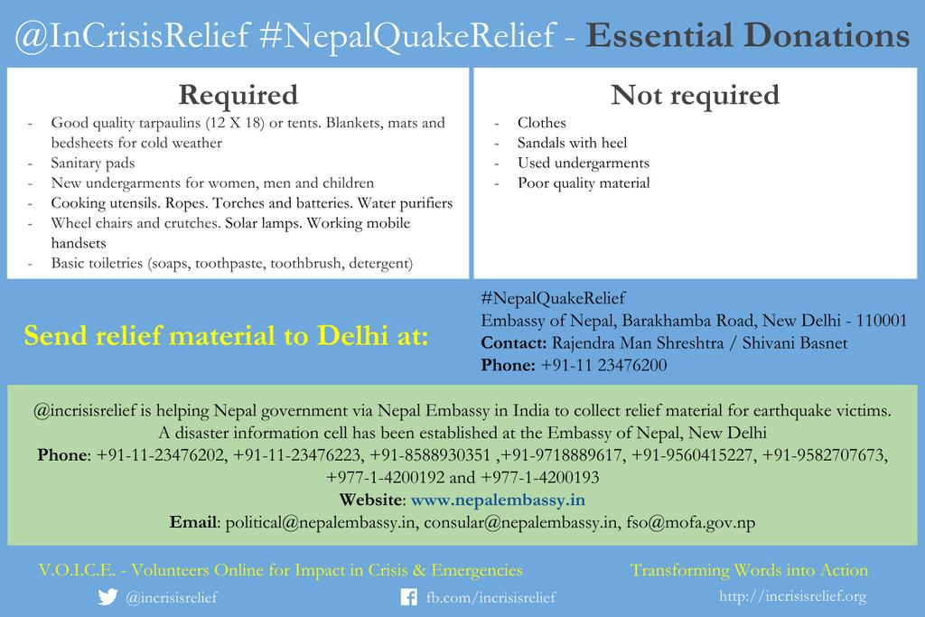 InCrisisRelief's tweet photo. The complete What, Where &amp; How of #NepalQuakeRelief donations. Pls note the specifics while donating. http://t.co/WApiMWhZaG