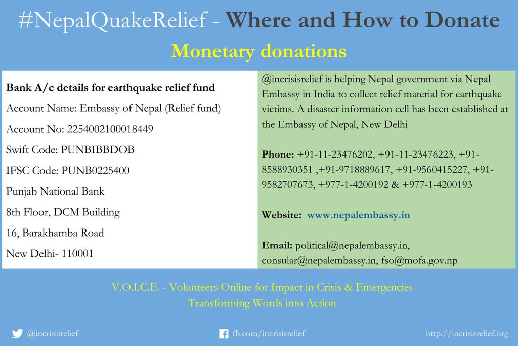 InCrisisRelief's tweet photo. The complete What, Where &amp; How of #NepalQuakeRelief donations. Pls note the specifics while donating. http://t.co/WApiMWhZaG