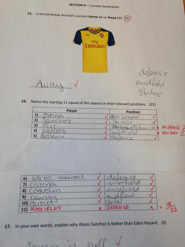 SundayChants's tweet photo. Her boyfriend made her take an Arsenal exam! http://t.co/s7126XcZJe