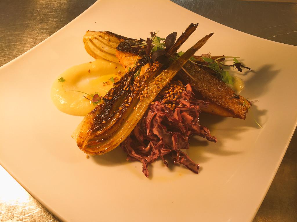 <a href="/OscarsCowbridge/">Oscars of Cowbridge</a>- Salmon with apple purée, roast fennel and red cabbage slaw