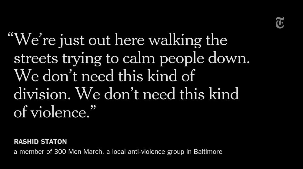 nytimes's tweet photo. Many Baltimore residents flooding into the streets to encourage calm http://t.co/Oy0Hg21v9K http://t.co/vmQvi9Fnwy