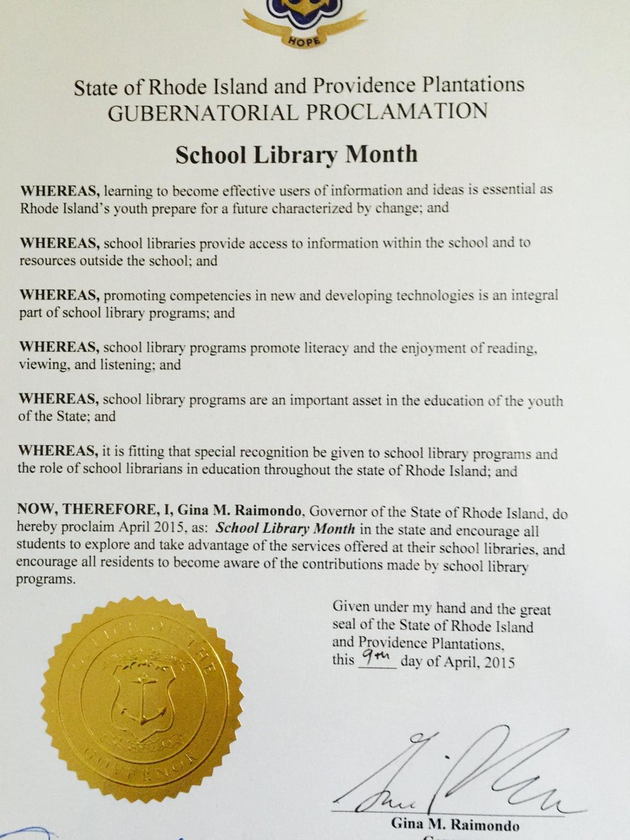 SchLibRI's tweet photo. Thanks to @GinaRaimondo for our official School Library Month proclamation! #slm15 #thinkcreatesharegrow http://t.co/Lh4mM9L3px