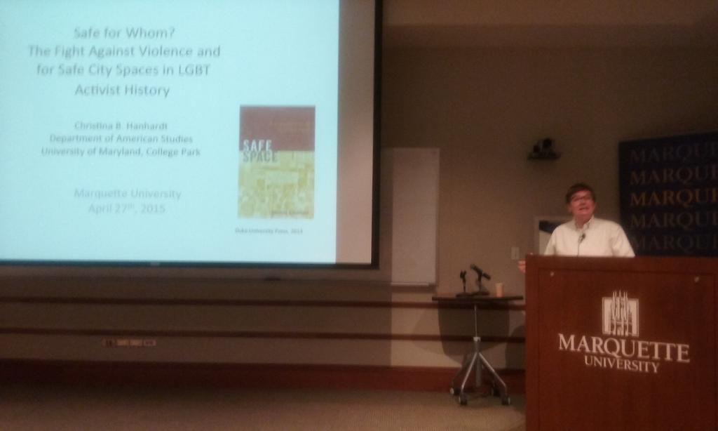 MarquetteGSRC's tweet photo. Dr Hanhardt promises a 'whirlwind history' of urban development, LGBT inequality--starting w/MKE &amp; Dontre Hamilton. http://t.co/IqVKyrmTdY