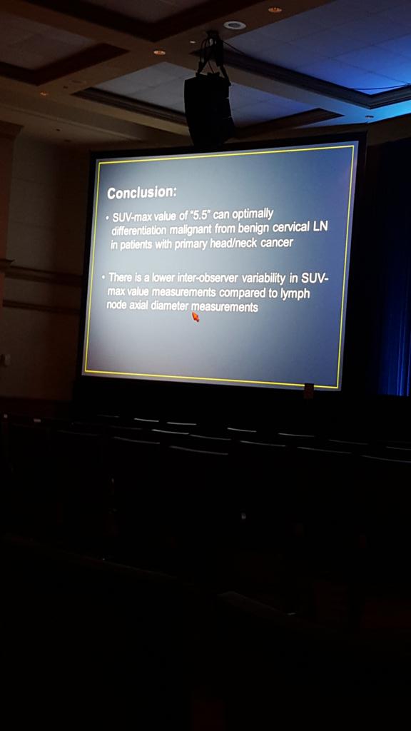 gabennet's tweet photo. Dr. Payabvash on suv max of 5.5 for differentiating benign from malignant cervical LN in primary h/n cancer. #ASNR15 http://t.co/TjeNXin5Sn