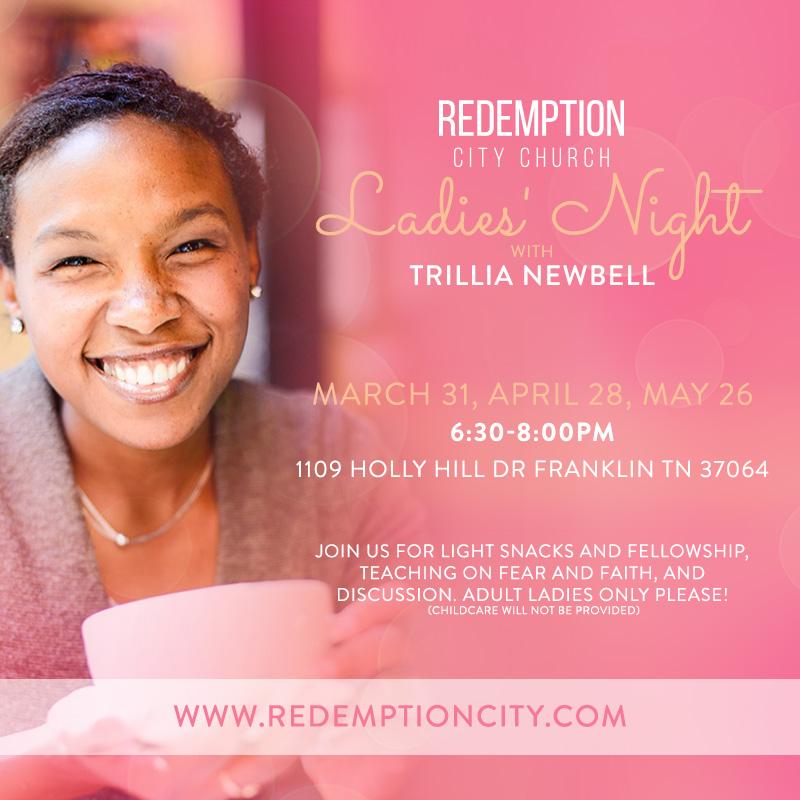 Redemption City (@redemption_city) on Twitter photo RCC Ladies: You do not want to miss tomorrow night’s fellowship and discussion on fear and faith with <a href="/trillianewbell/">Trillia Newbell</a> RCC Ladies: You do not want to miss tomorrow night’s fellowship and discussion on fear and faith with <a href="/trillianewbell/">Trillia Newbell</a>