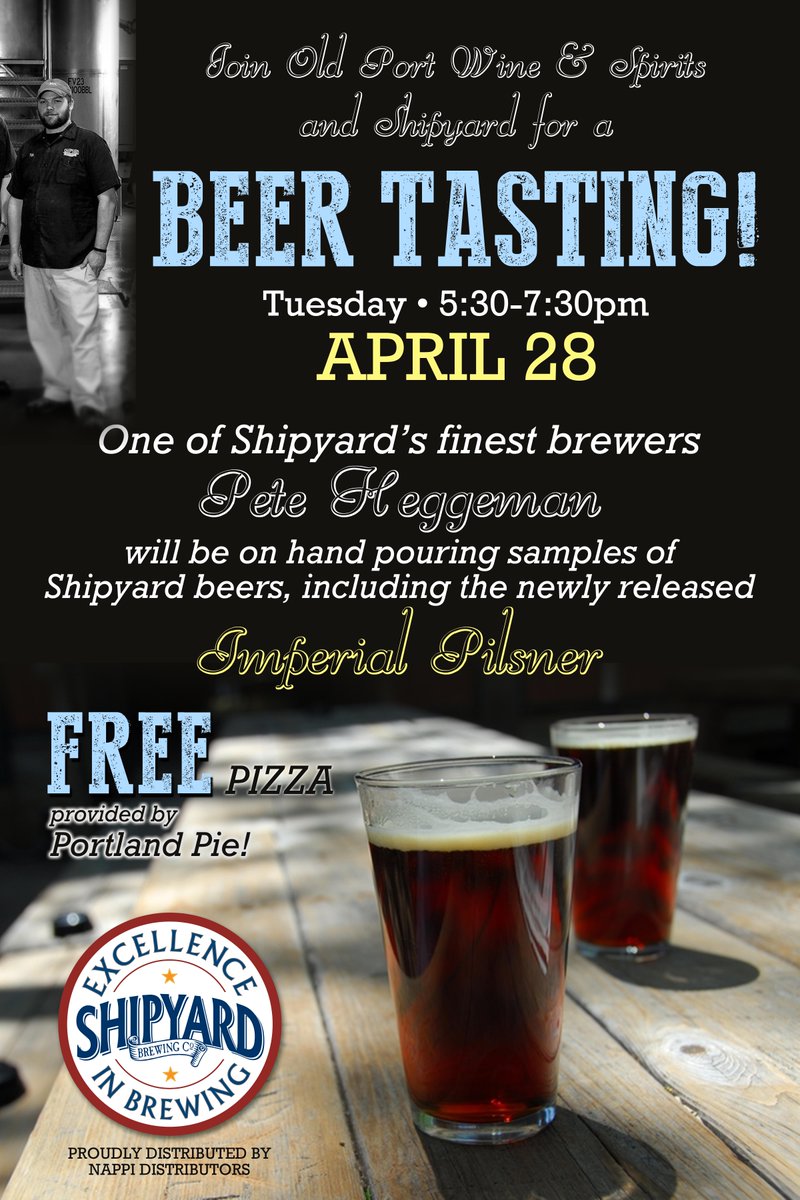 ShipyardBrewing's tweet photo. Our brewer, Pete Heggeman, will be at @Oldportspirits tonight in Portland from 5:30-7:30 sampling Imperial Pilsner! http://t.co/UnKzoyRQ3E