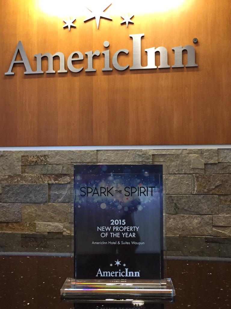 AmericInnWaupun's tweet photo. @AmericInnWaupun named New Property of the Year at AmericInn Conference in Vegas!  #sparkthespirit http://t.co/Uwb472a51l