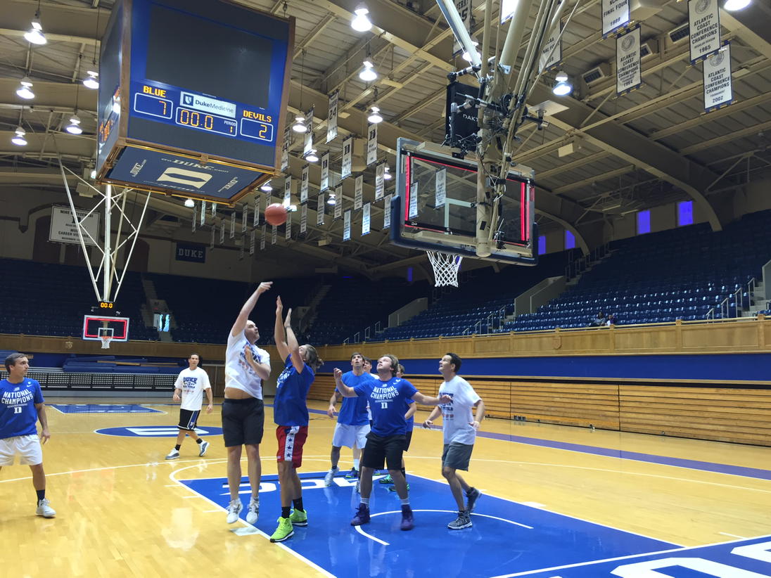 Thanks in part to strong defense, the students take the lead in the annual student-faculty game at Cameron Indoor.