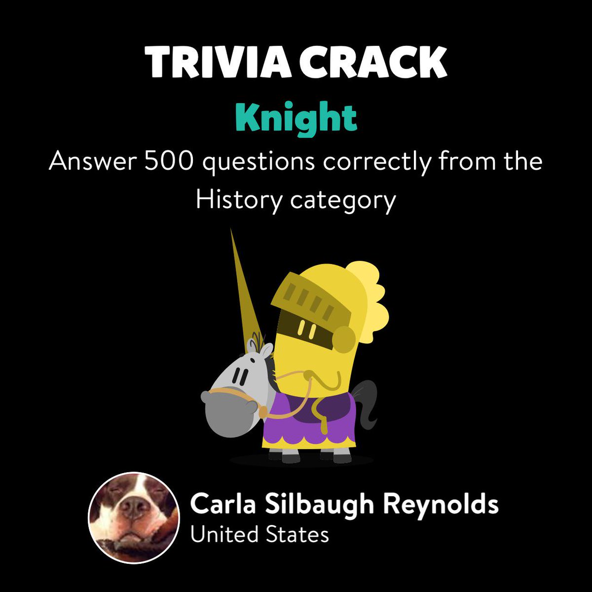 stllersgal's tweet photo. Carla Silbaugh Reynolds just unlocked the Knight badge in Trivia Crack http://t.co/zLdvG0ERsk http://t.co/BYdsuJgHuN