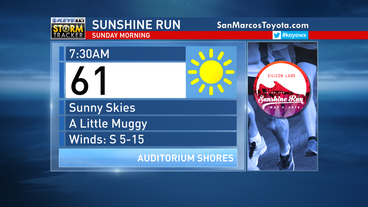 5:33PM - Your #ATXSunshineRun forecast is looking great for Sunday! Sunny &amp; 61!austinsunshinerun.com #keyewx <a href="/keyetv/">KEYE-TV</a>