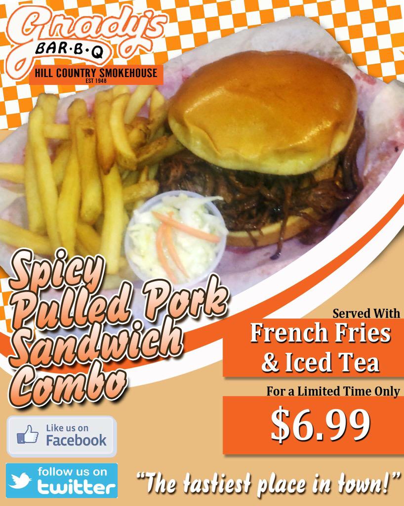 Gradys_BBQ's tweet photo. Make sure to stop by Grady's BBQ to try our latest Special featuring our Spicy Pulled Pork Sandwich! #GradysBBQ #BBQ http://t.co/Bbd6DJklFz