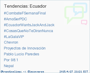 trendinaliaEC's tweet photo. #LaGalaVIP acaba de convertirse en TT ocupando la 5ª posición en Ecuador. Más en http://t.co/ImTx1SVT8w #trndnl http://t.co/l3BmaX7oLV
