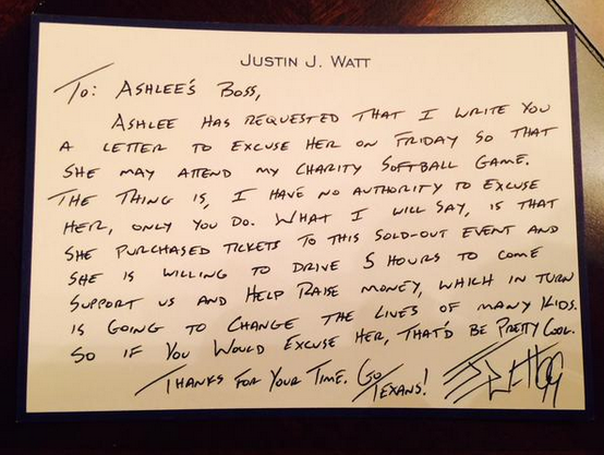 SportsCenter's tweet photo. Need a letter to get out of work? Look no further than J.J. Watt, who shows off his writing skills. (via @JJWatt) http://t.co/FBpgdcUCuq