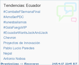 trendinaliaEC's tweet photo. #GalaFuegoVIP acaba de convertirse en TT ocupando la 4ª posición en Ecuador. Más en http://t.co/ImTx1SVT8w http://t.co/KiXoGkR9q2