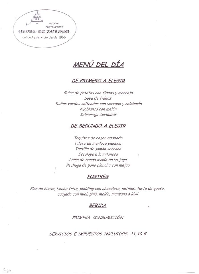 MENÚ "RESTAURANTE NAVAS DE TOLOSA" PARA HOY MARTES 28 ABRIL