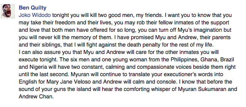 alex_c_lee's tweet photo. Artist @BenQuilty writes “Joko Widodo, tonight you will kill two good men, my friends” #Bali9 https://t.co/Ol9i1LQY3D http://t.co/4DxPNMVDIv