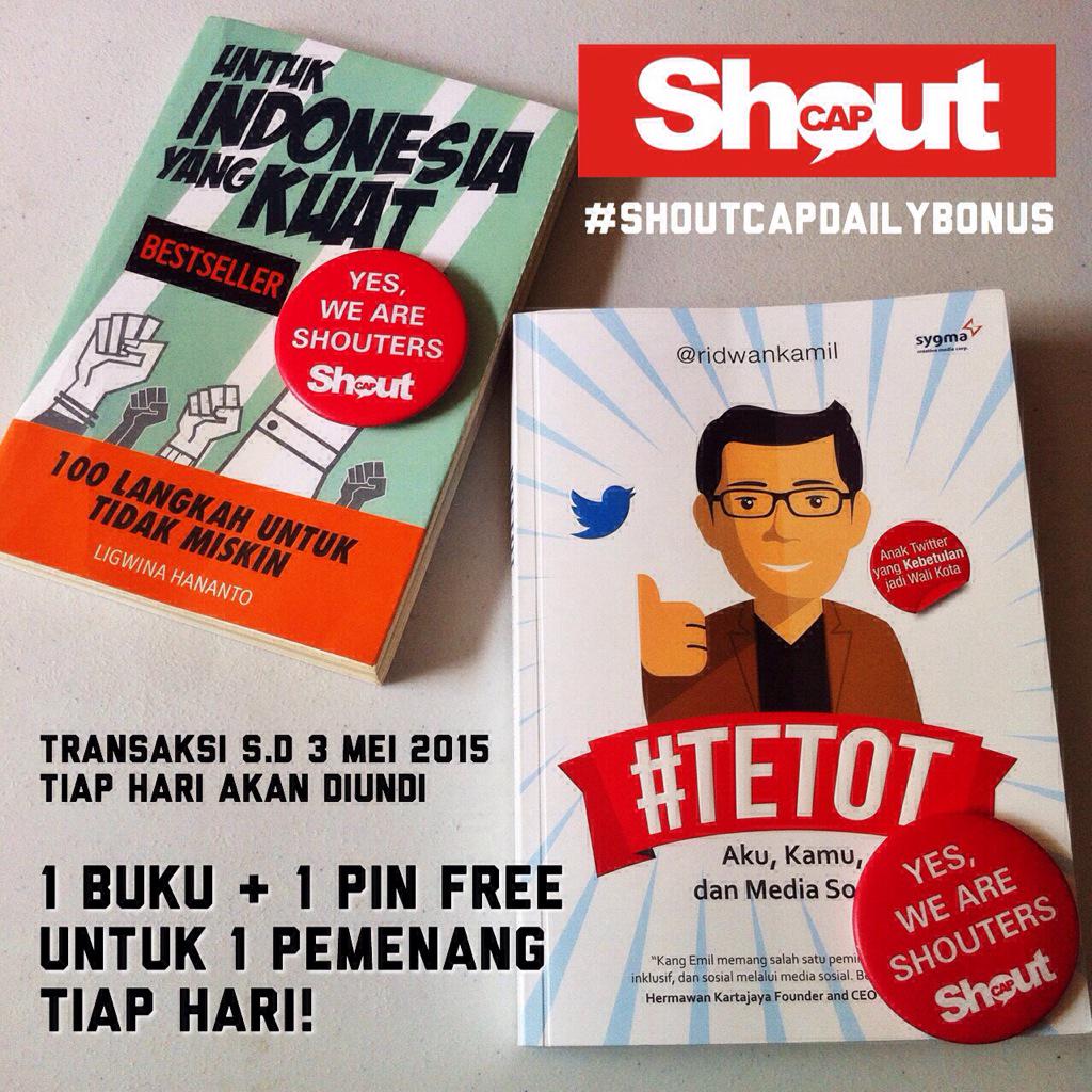 ShoutCap's tweet photo. Shouters yg transaksi dari skrg s.d tgl 3 Mei 2015 berkesempatan dpt 1 buku &amp; 1 pin. Ayok order! #ShoutCapDailyBonus http://t.co/mlR4zuJczg