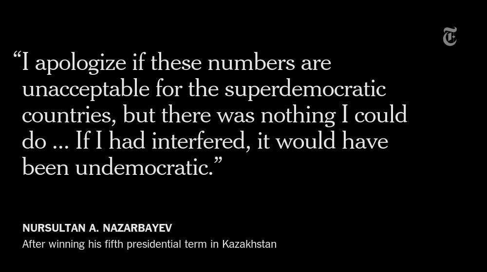 nytimes's tweet photo. Kazakhstan's president won re-election with 97.7% of the vote http://t.co/jr3kigX3b9 http://t.co/p1MjTaC7L0
