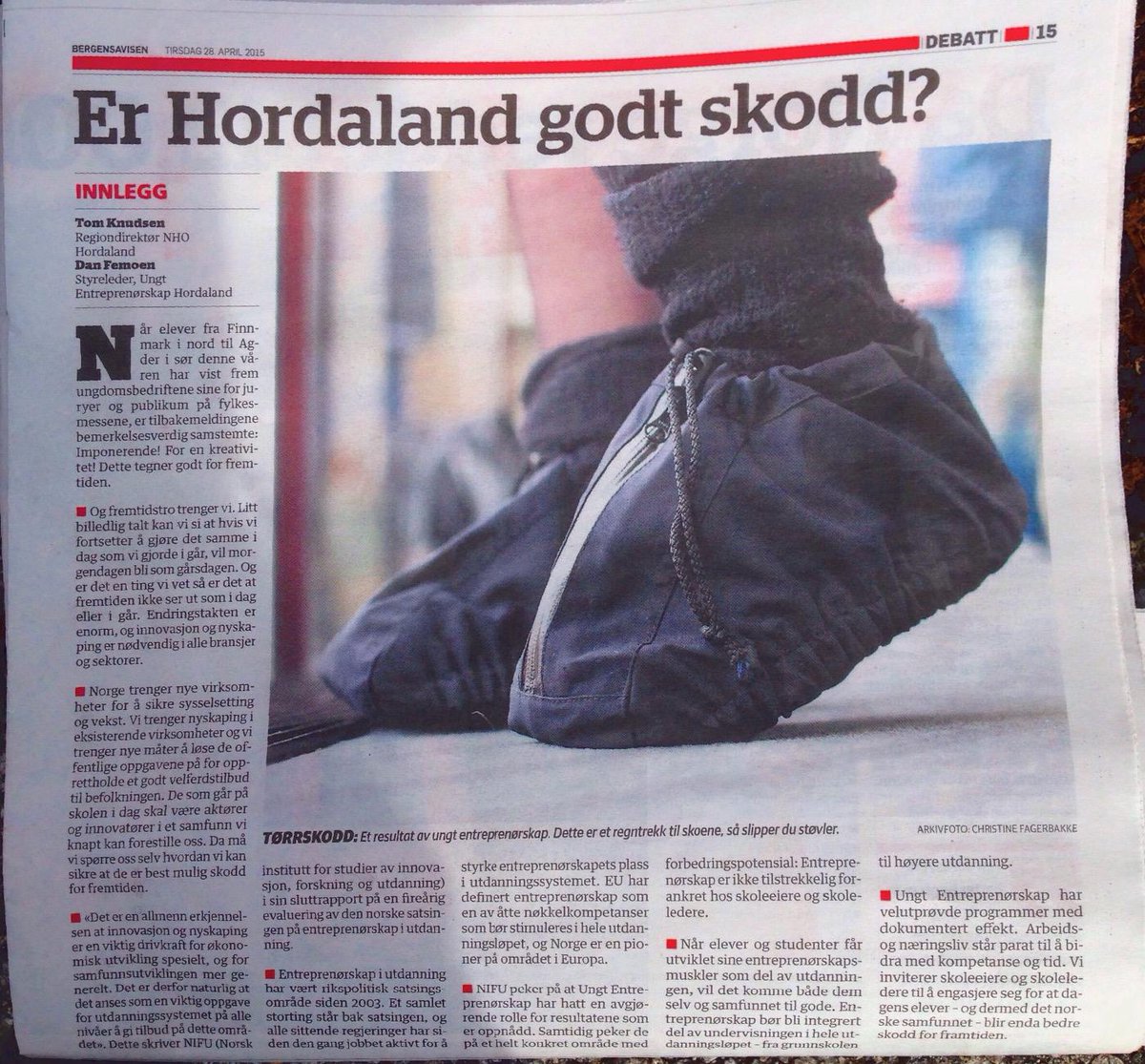 femoen's tweet photo. Leserinnlegg i dagens BA om ungt entreprenørskap sammen med regiondirektør @tomknuds @UE_Norge http://t.co/Vav4edli19