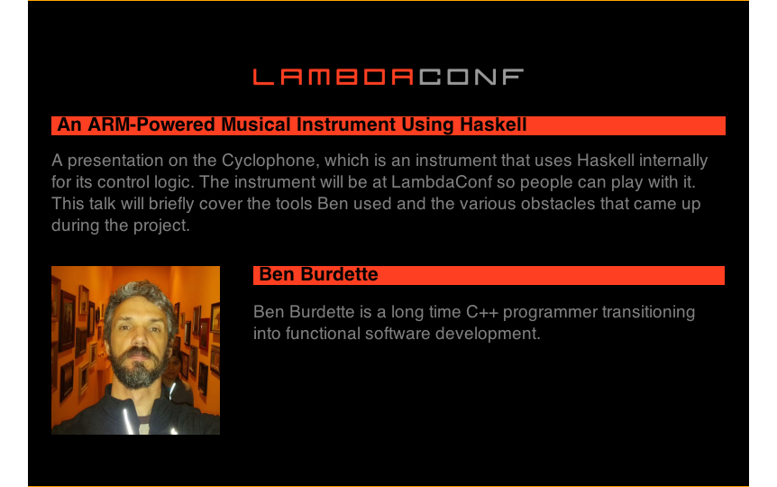 lambda_conf's tweet photo. Learn about and play a REAL Haskell-powered cyclophone at LambdaConf, with @pro6lefs as your guide! #7daysofλ http://t.co/J5C7mvEjeV