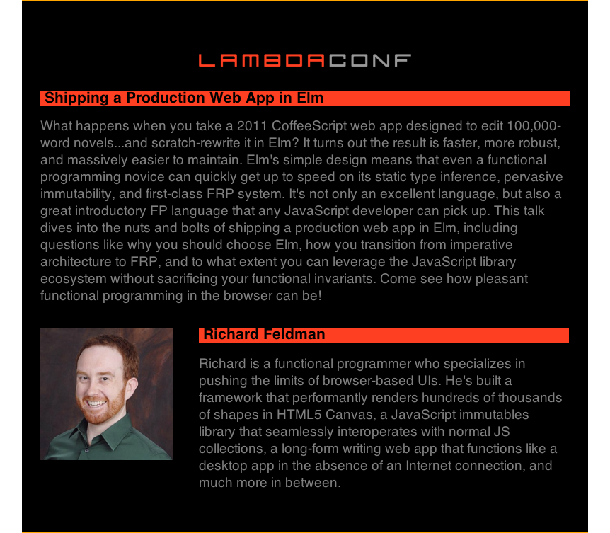 lambda_conf's tweet photo. Learn what happened when a huge CoffeeScript app was rewritten in Elm from @rtfeldman! Hint: magic. #7daysofλ http://t.co/pNRqFEi23k