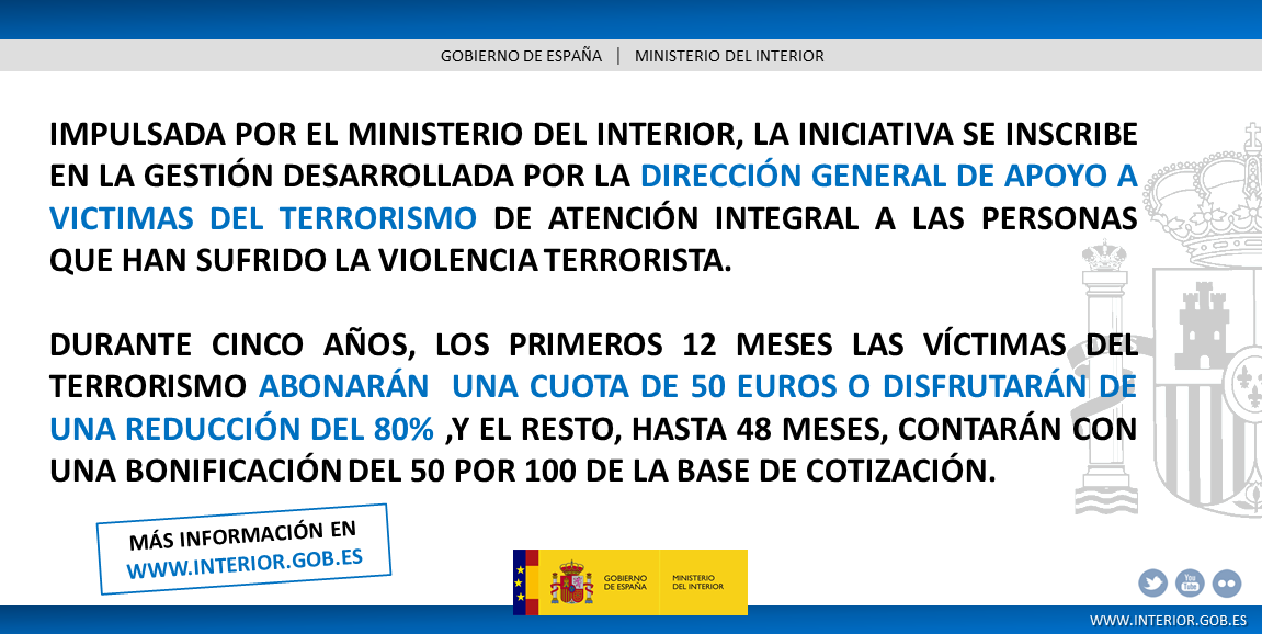interiorgob's tweet photo. Empresarios autónomos víctimas del terrorismo tendrán durante 5 años tarifa plana en la cotización a Seguridad Social http://t.co/nNPFzxE3ch