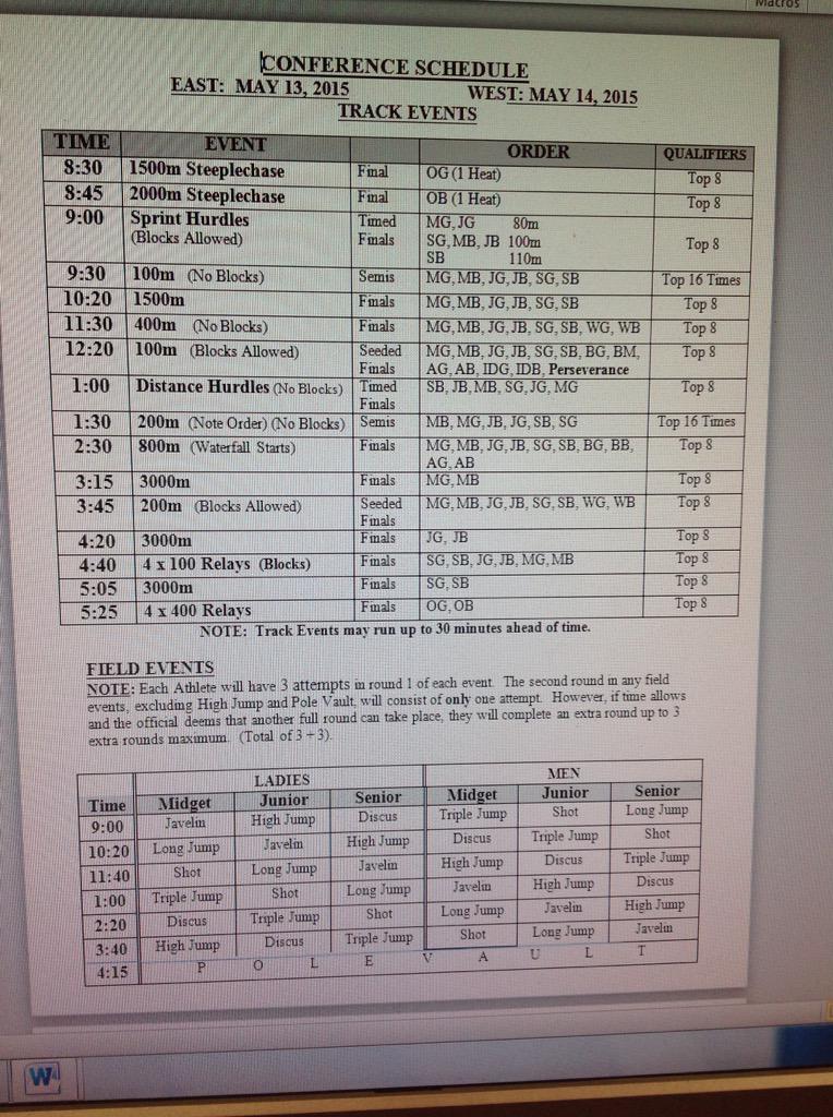 SCTrackTeam's tweet photo. Here's the West Conference schedule.  Please note west is now Thursday May 14th. http://t.co/bQN54RcacH