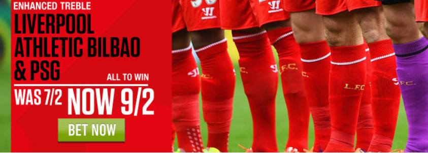 FirstPlaceTips's tweet image. Big odds at Ladbrokes with a three league TREBLE.

Liverpool, Athletico Bilbao and PSG all to win.
was 7/2 now 9/2