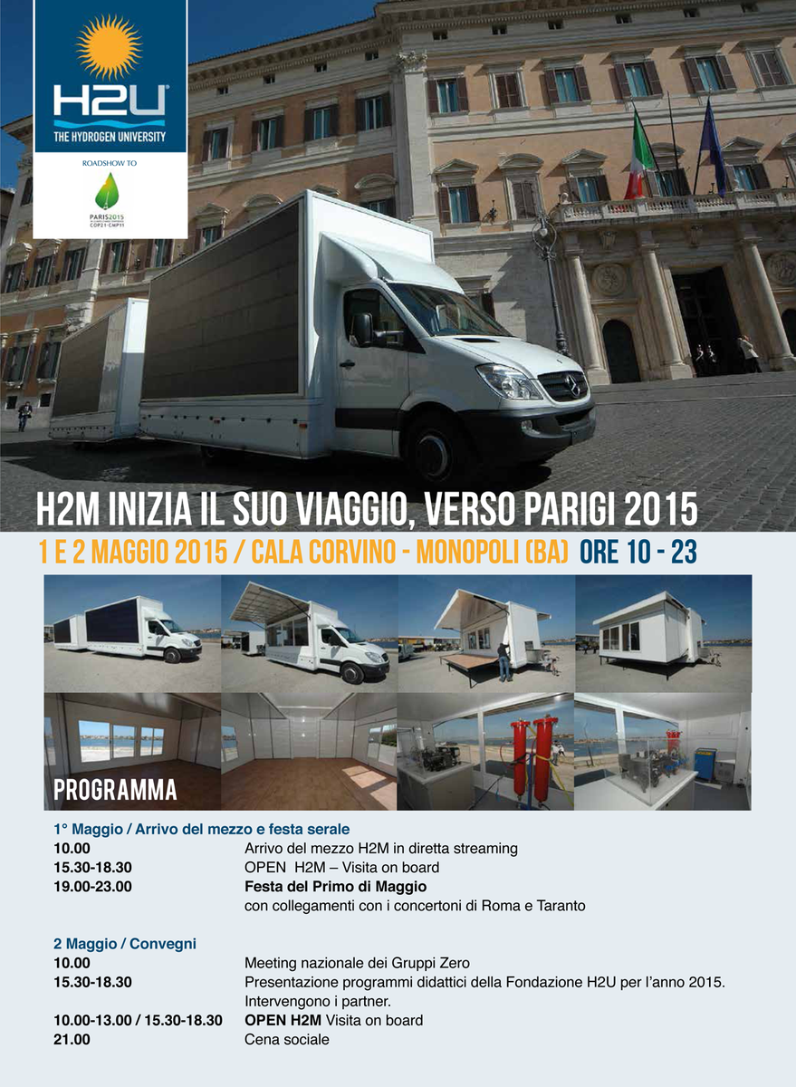 H2University's tweet photo. L'1 e 2 maggio H2M (H2 Mobile), sarà a Cala Corvino, (Monopoli/Bari) con tutte le tecnologie sostenibili a bordo http://t.co/1n5sWdhKZf