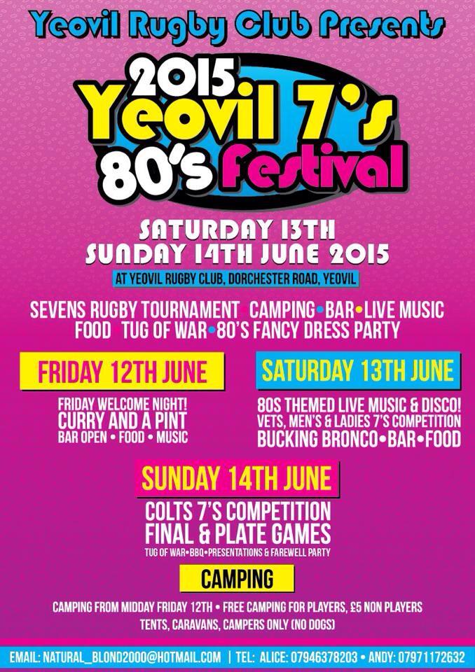 IvelRFC's tweet photo. Yeovil 7s 13-14 June #livemusic #bbq #camping #tugofwar #cashprizes #80spartytheme #cider #rugby http://t.co/abvheD9eVl