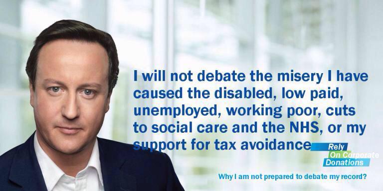 bcomininvisible's tweet photo. Why has #Cameron gone to such lengths to avoid most debates? Which are job interviews after all maybe it's bcos.. http://t.co/EV45MuPFj8