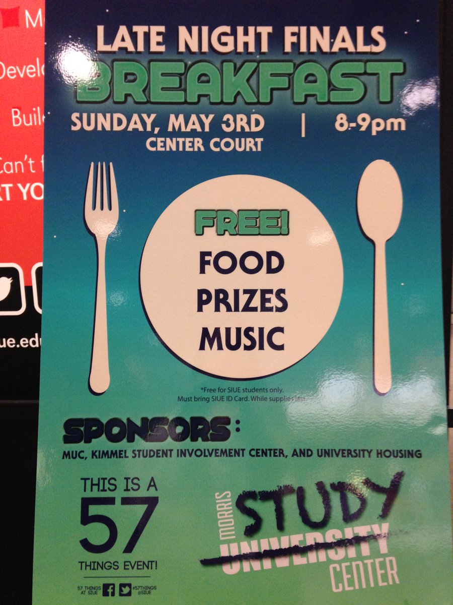 SGsiue's tweet photo. Don't let finals get you down! Annual late night breakfast in the MUC this Sunday! http://t.co/zyr5MmGR7a
