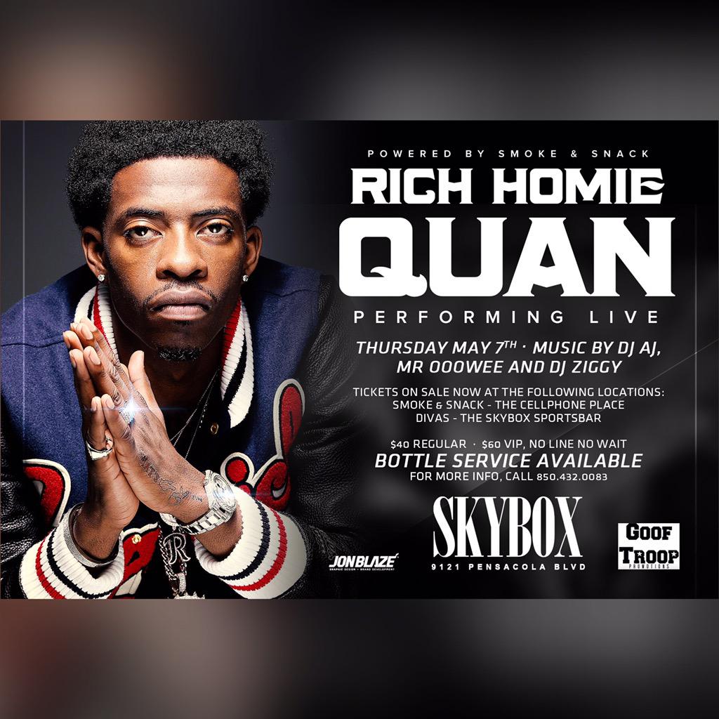 WeeBeTheReason's tweet photo. *MAY 7TH* @RichHomieQuan LIVE @THESKYBOX850 GET YOUR TIX TODAY [REG $40] [VIP $60] POWERED BY @MadeNiggaTroop http://t.co/ko1KVL8Dy4