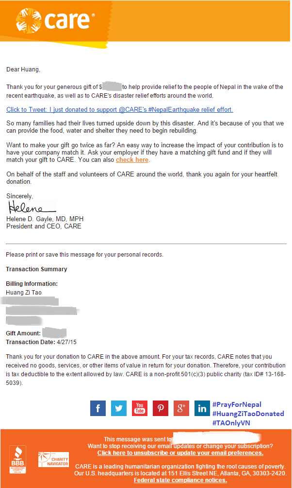 TAOnlyVN's tweet photo. We donated for #NepalEarthquake via @CARE organization under HZT's http://t.co/SbG9gw8lzw is the confirm letter. http://t.co/PenTWTjdkq