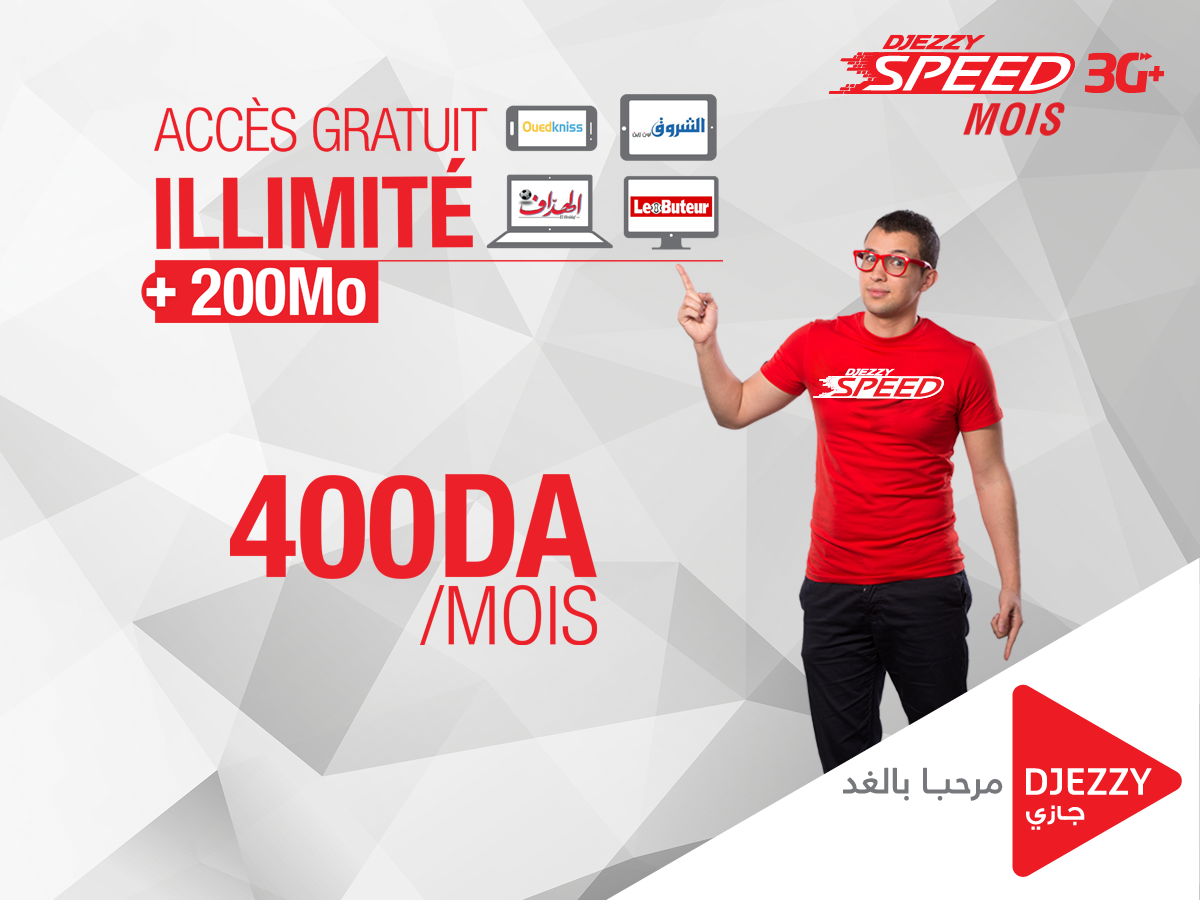 djezzy's tweet photo. Profitez encore plus des offres #Speed3G de #Djezzy durant 30 jours à 400 DA seulement en composant *707# http://t.co/2Fk235Q6ME
