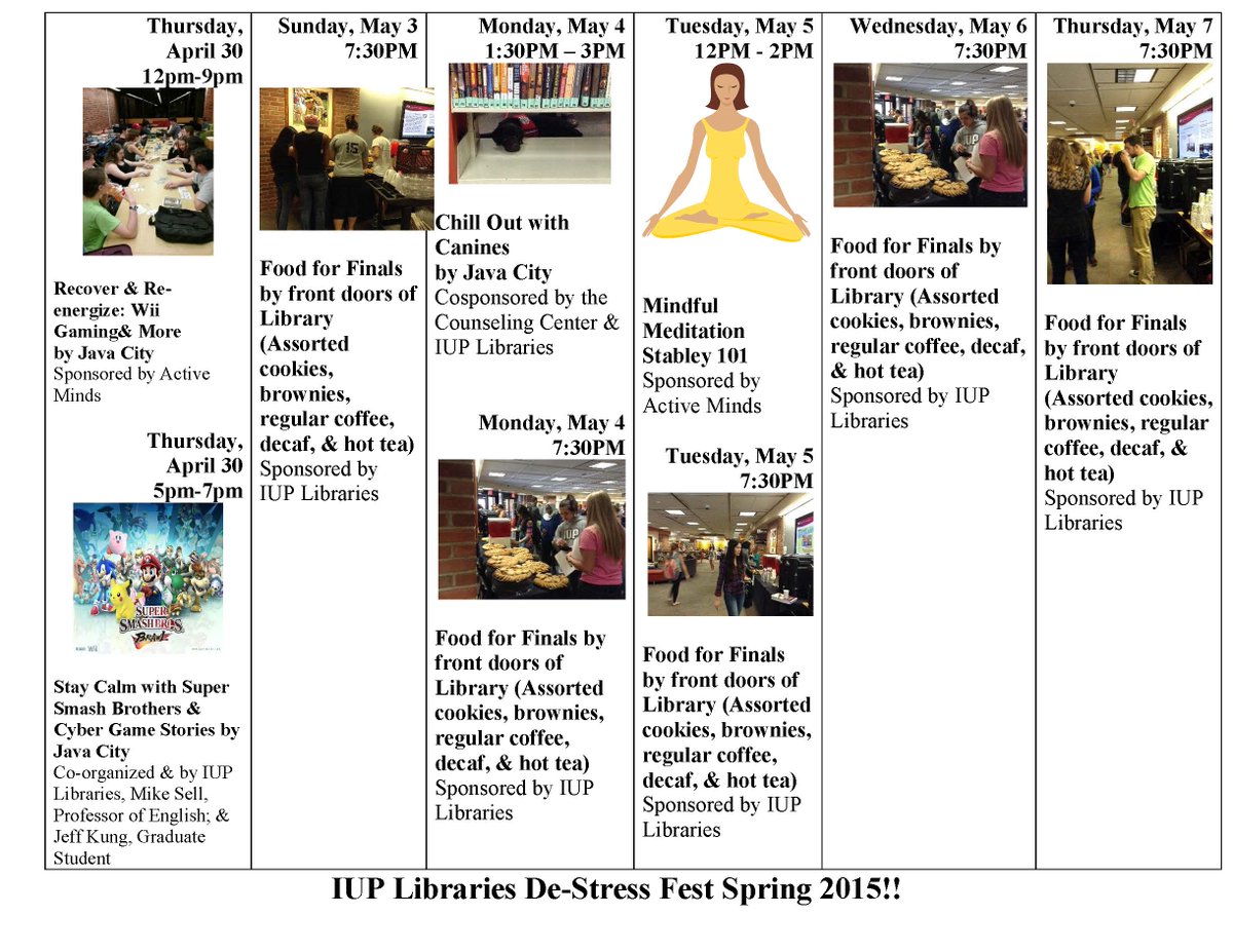 IUPLibraries's tweet image. FREE De-stress Fest Calendar Spring 2015!! Print, save, share!!