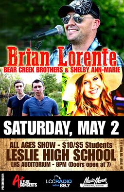 This Saturday join @brianlorente, <a href="/bearcreekbros/">Bear Creek Brothers</a>, and <a href="/ShelbyAnn_Marie/">Shelby Ann-Marie</a> at Leslie High School auditorium! *ALL AGES*