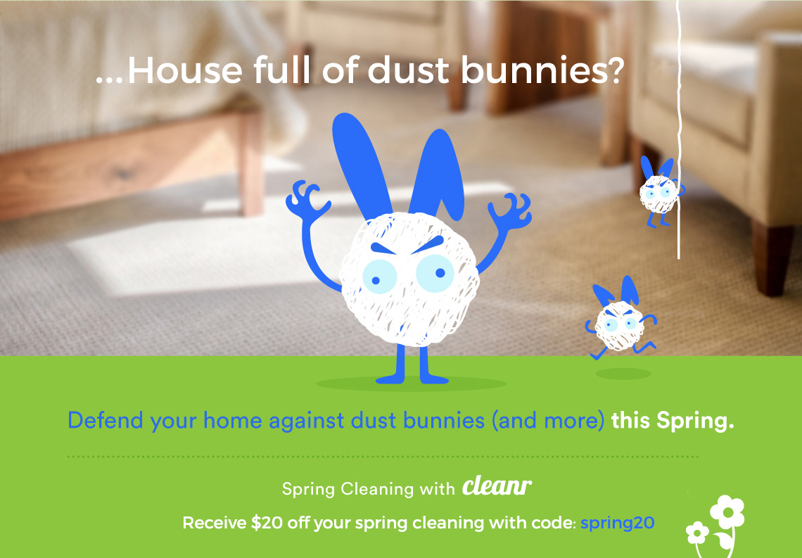 HomeCleanr's tweet photo. Let us help you defend against dust bunnies! Here's $20 off your next #springclean Use code: spring20 when you book! http://t.co/2B4CCvmlA5