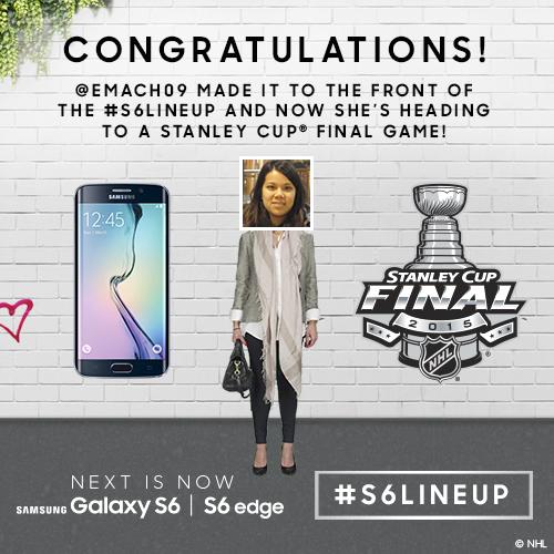 SamsungCanada's tweet photo. Congratulations! @emach09 made it to the front of the #S6Lineup and now she’s heading to a Stanley Cup® Final game! http://t.co/i097RBG1Dk