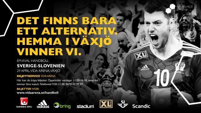 Samling i <a href="/vidaarena/">VIDA Arena</a> igen! 29/4 kl 19.15 stöttar vi Sverige på EM-kvalresan mot Slovenien!  <a href="/SvenskHandboll/">Svensk handboll</a> #govaxjo