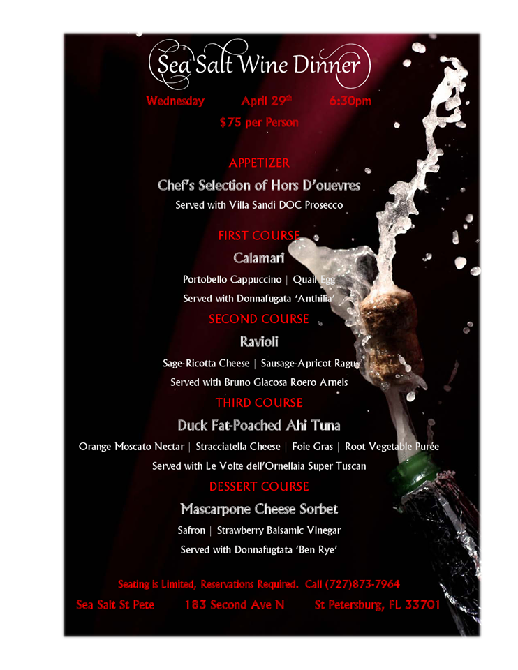 Only a few seats left for Wednesday’s WINE DINNER! Call 727.873.7964 #seasaltstpete #winedinner #stpete