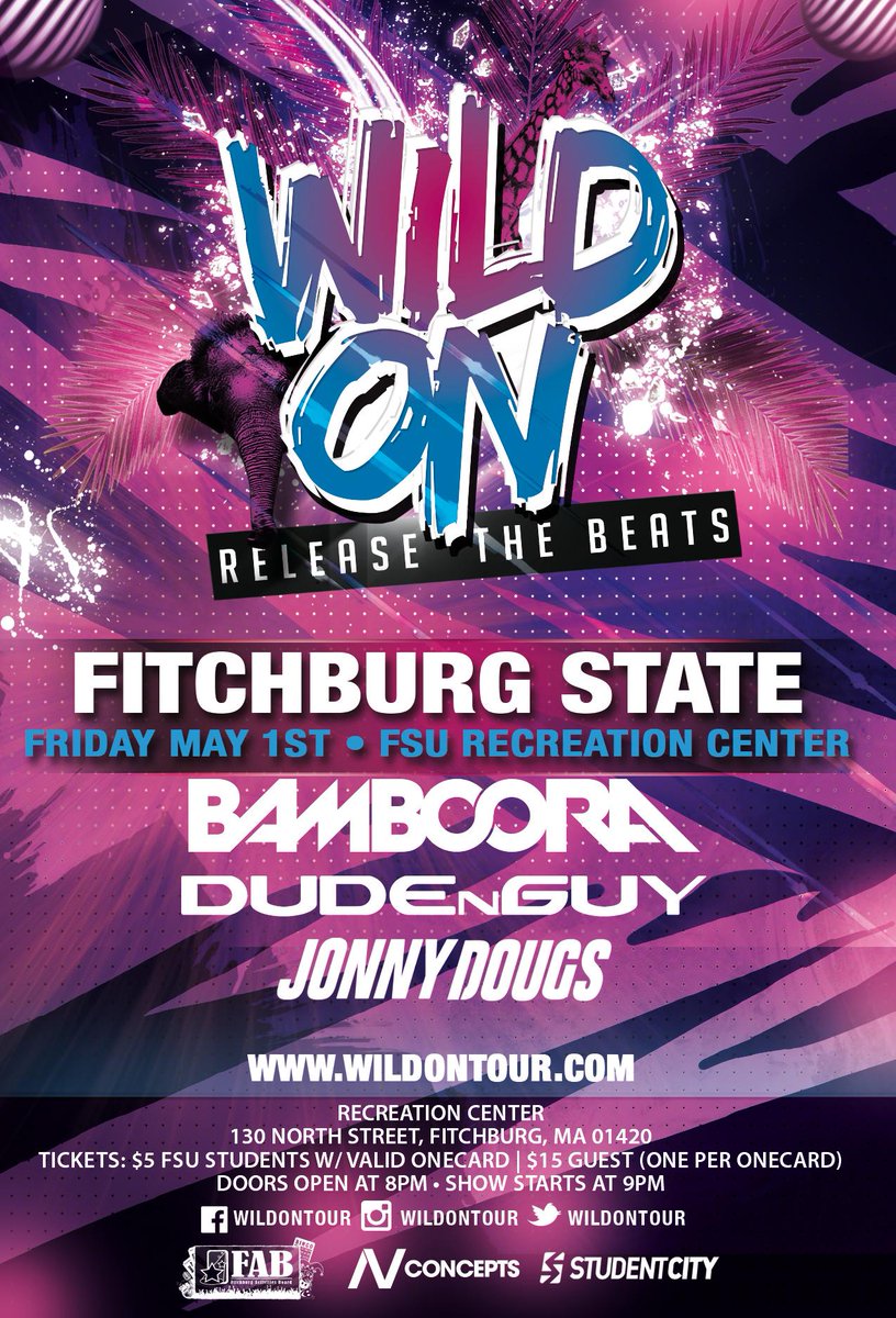 WildOnTour's tweet photo. #WildOn invades @Fitchburg_State Friday
Set Times
8:00-9:30 @JonnyDougs
9:30-10:45 @Bamboora
10:45-12:00 @DUDEnGUY http://t.co/LqZVgN0EXN