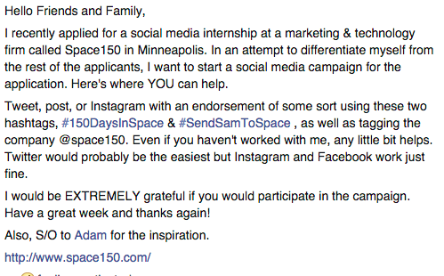 samxchristian's tweet photo. Starting a social media campaign for a job application, if you could help that would be AWESOME! #SendSamToSpace http://t.co/cPn5L3hSfH
