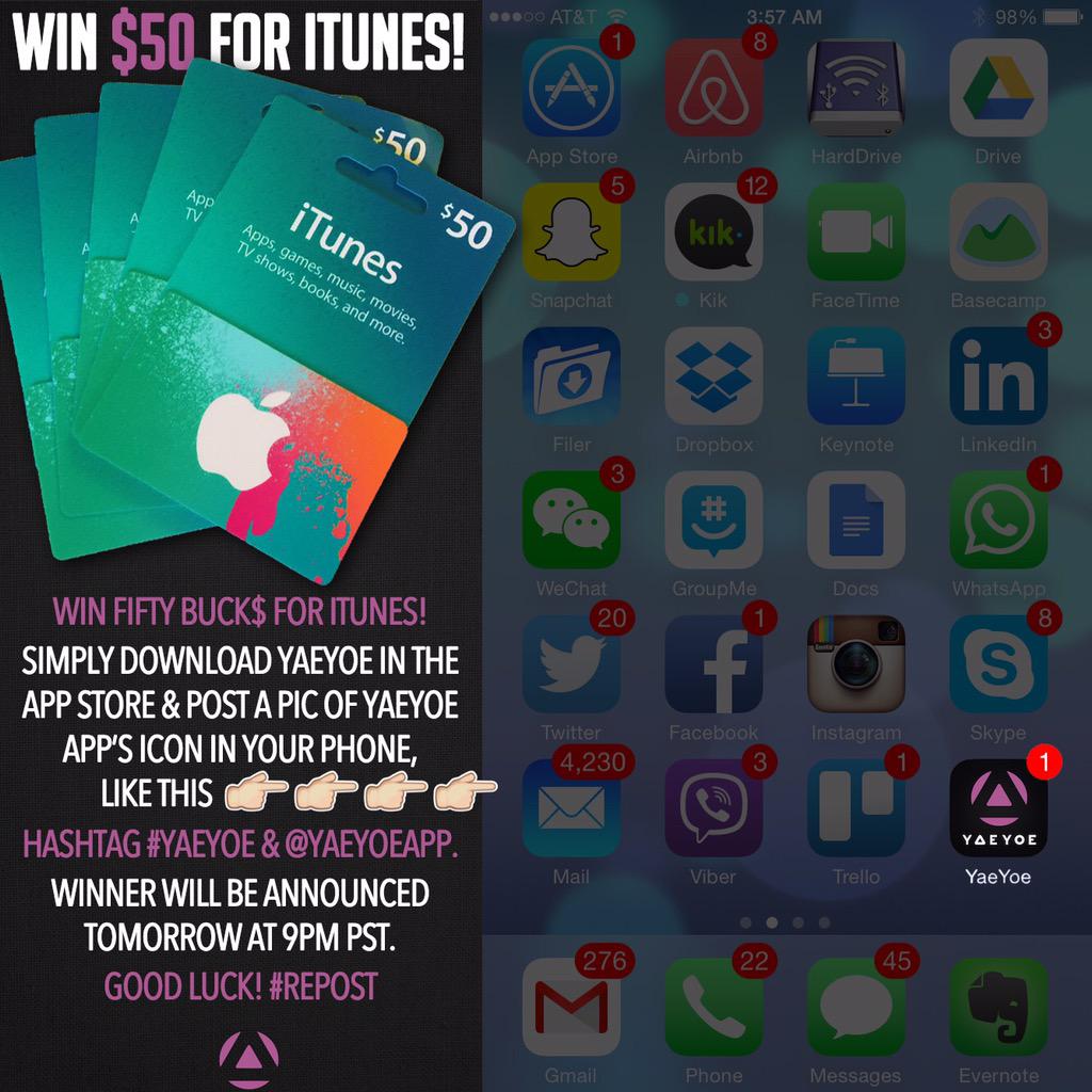 YaeYoeApp's tweet photo. Who wants to #win $50 for #iTunes??!!! Follow the instructions &amp; good luck! http://t.co/haNkOyT7sE