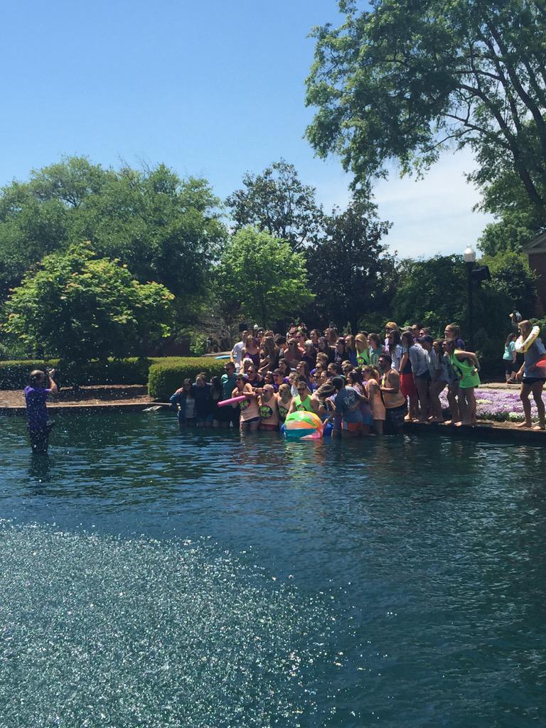 FurmanU's tweet photo. The fountain with President @ebeth930?  Shhhh.  We won't tell!  😉 #LDOC2015 #DinsDay http://t.co/egPcl42qyG