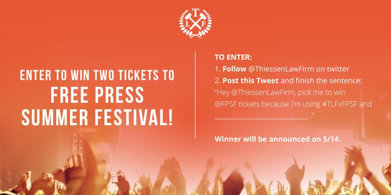 ThiessenLawFirm's tweet photo. Wanna win #FPSF tickets? We're giving away two tickets. Get creative with why you deserve them!

#TLFxFPSF http://t.co/I6oG2Aekx8